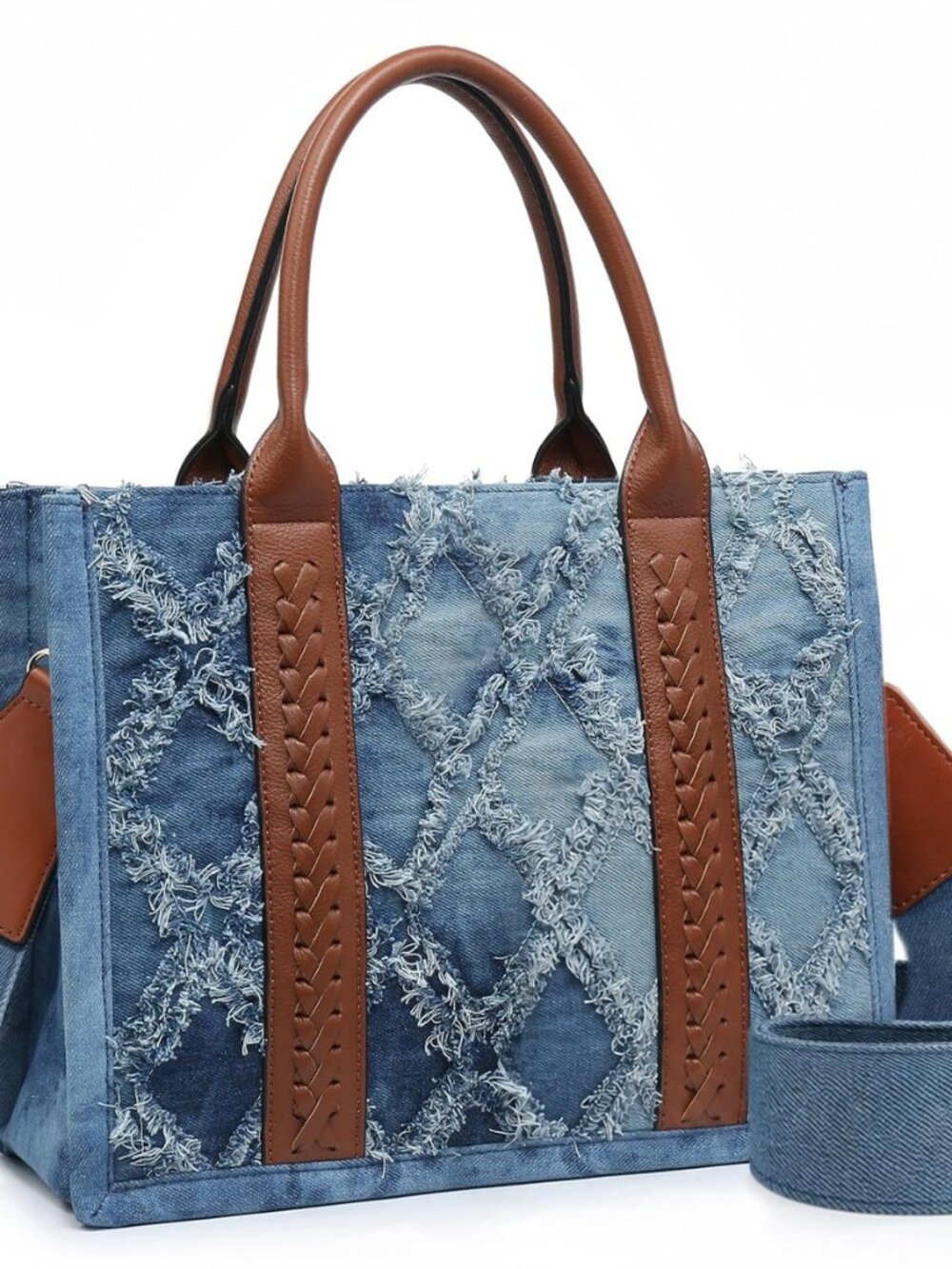 Denim Satchel Handbags for Women Structured Tote Bag with Flat Bottom